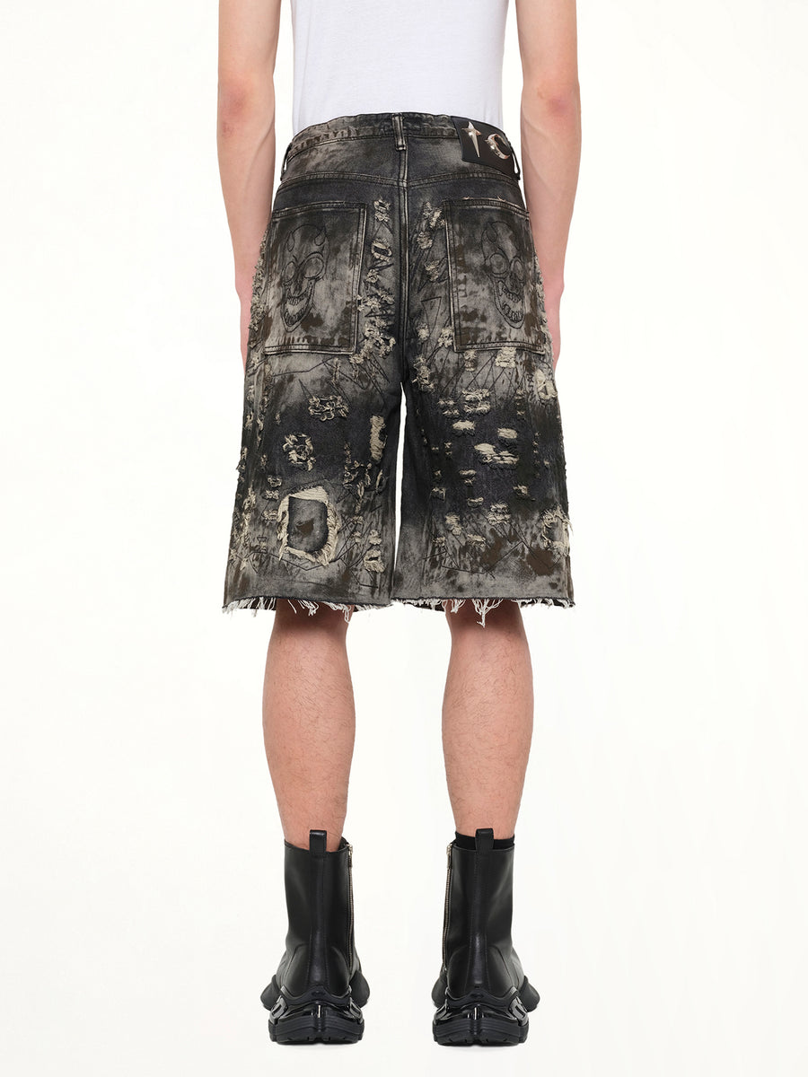 Hard Washed Destroyed Denim Shorts in Black