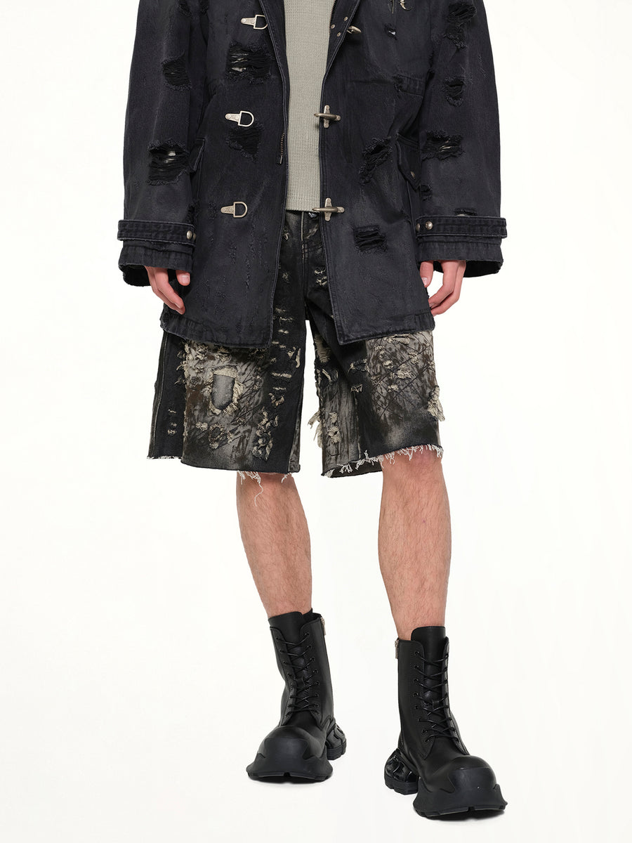 Hard Washed Destroyed Denim Shorts in Black