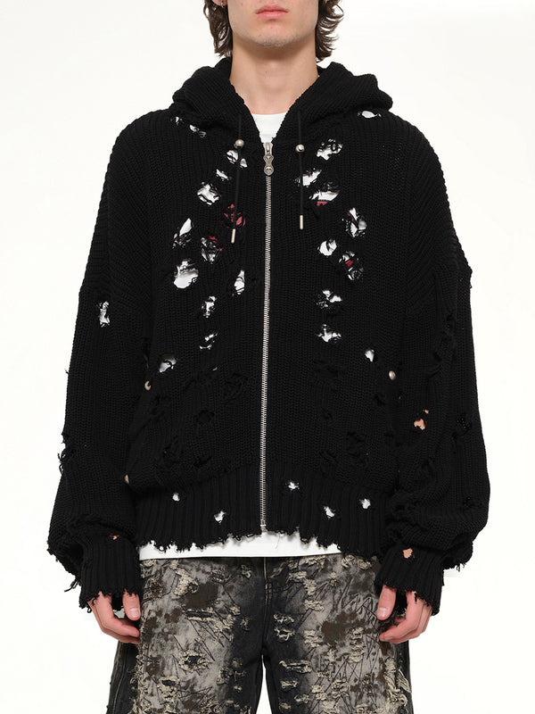 TC Destroyed Knit Zip-Up Hoodie in Black