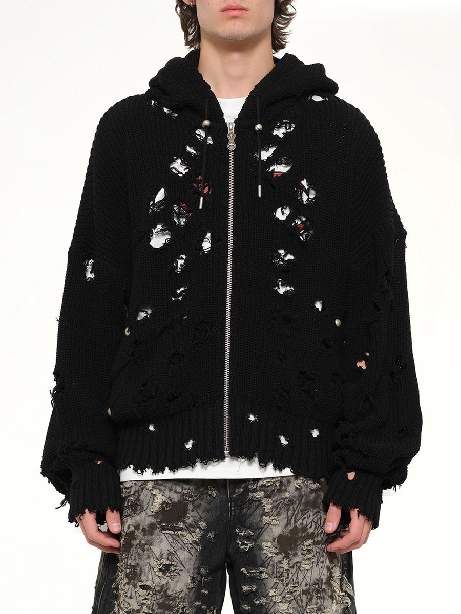 TC Destroyed Knit Zip-Up Hoodie in Black