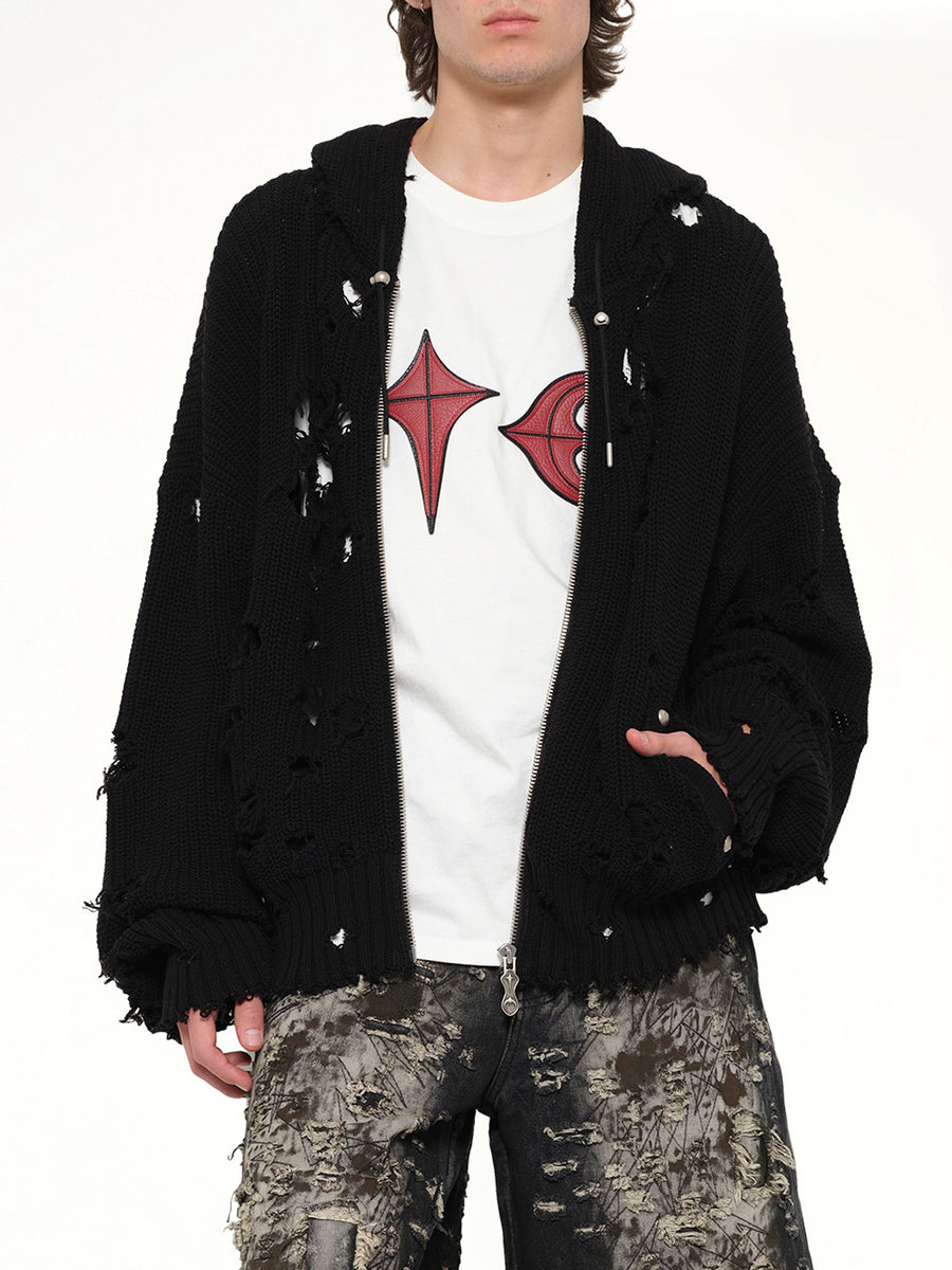 TC Destroyed Knit Zip-Up Hoodie in Black