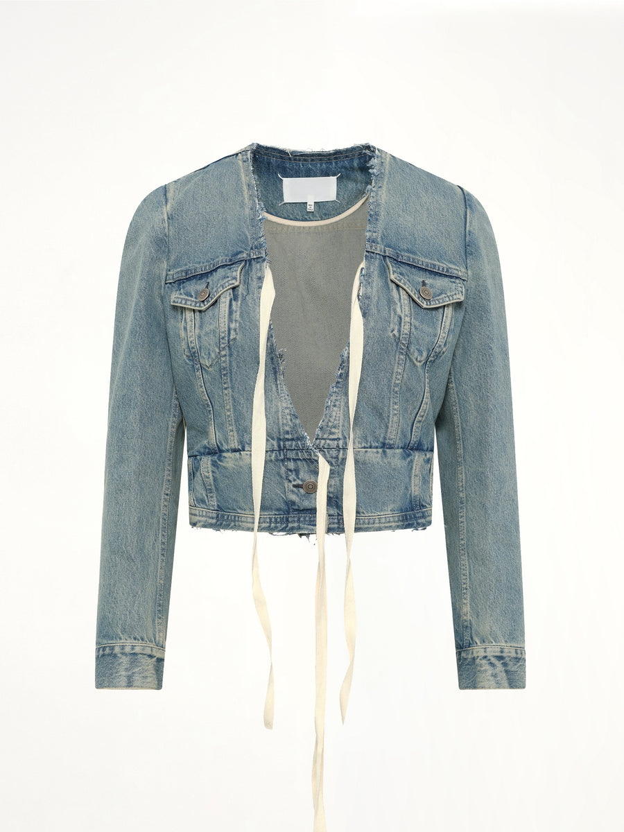 V Neck Denim Jacket in Ice Blue