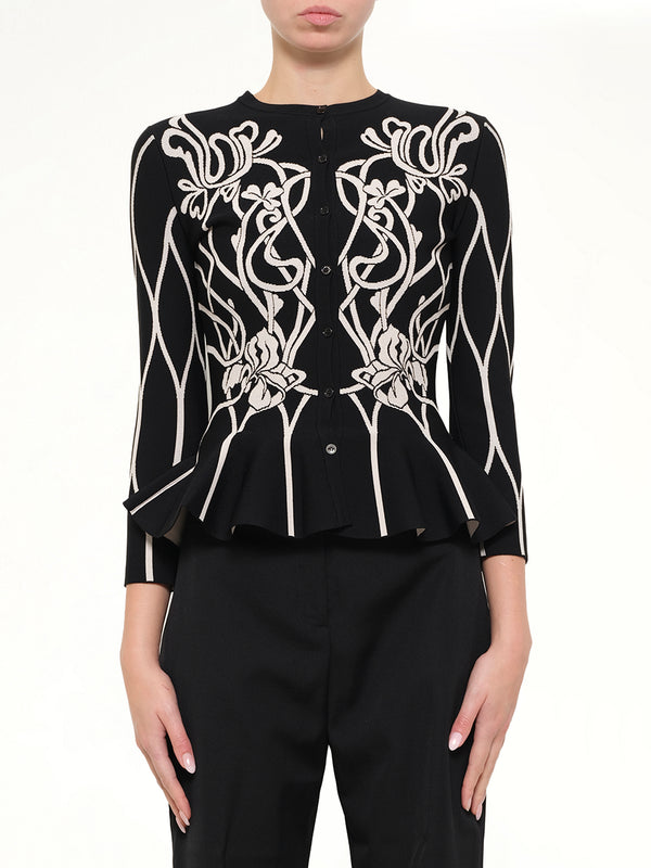 Embroidered Ruffle Cardigan in Black