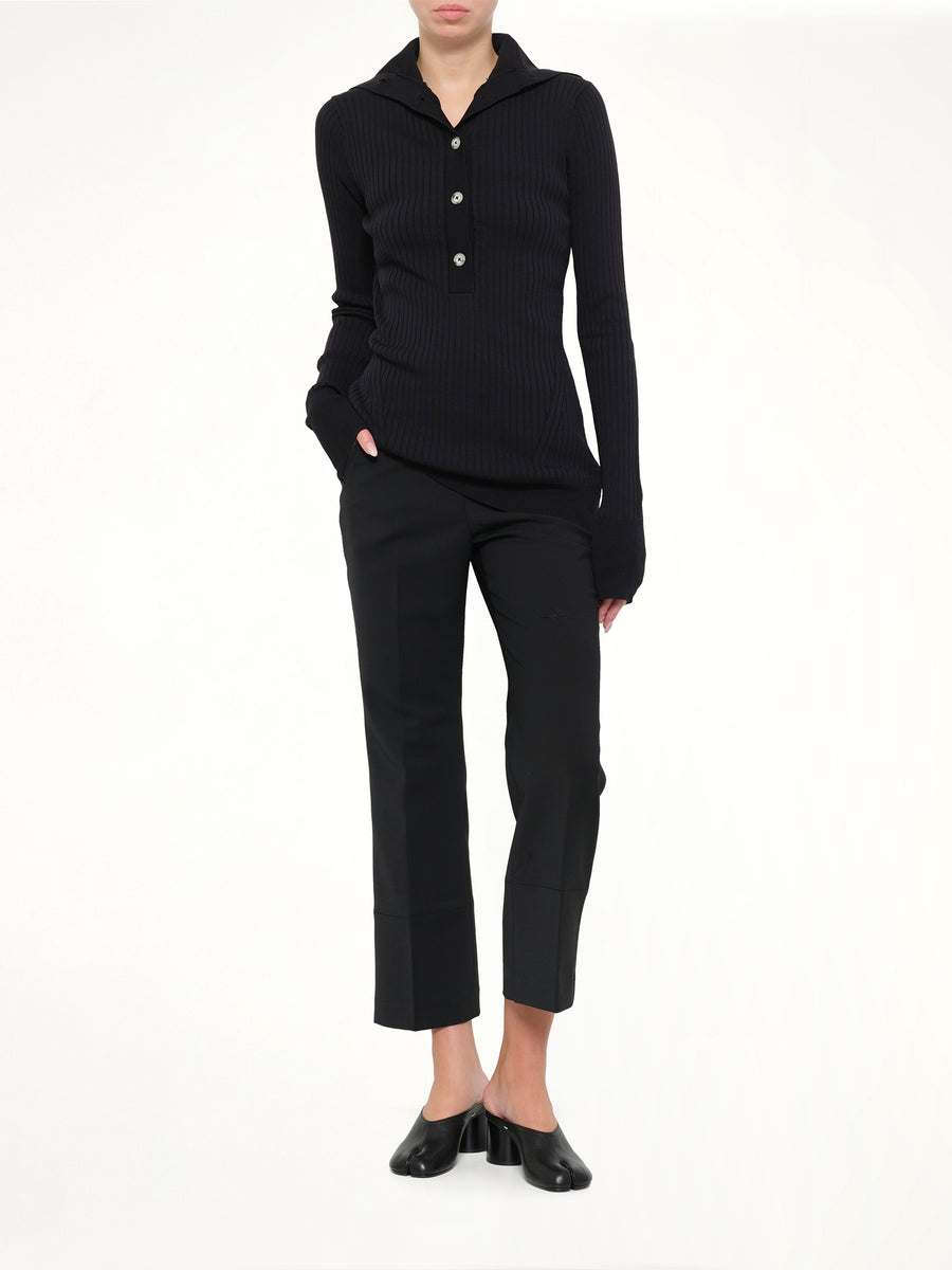 Step Hem Pants in Black Wool