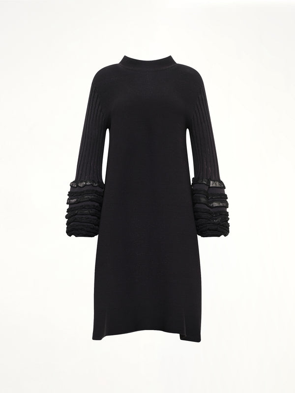 Pottery Swell Glitter Long Bell Sleeve Flare Mini Dress in Black