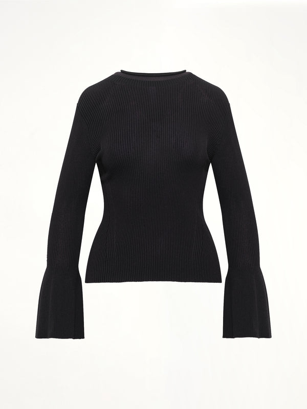 Soft Portrait Long Bell Sleeve Top in Black
