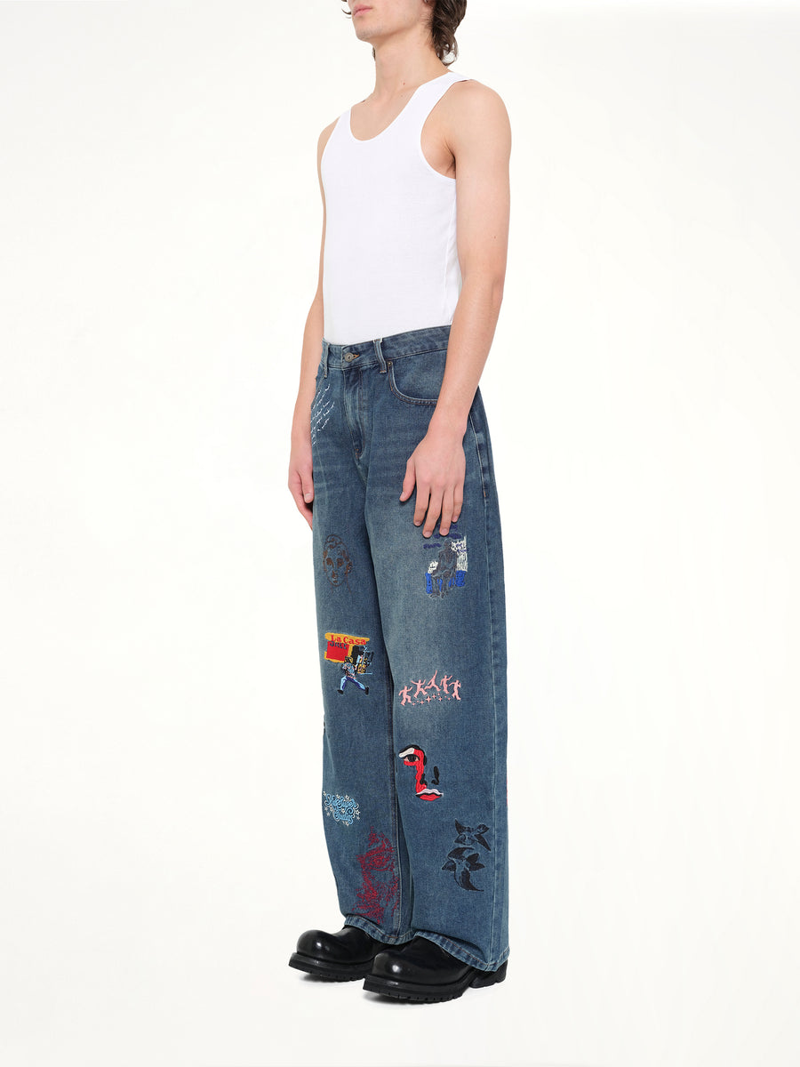 Embroidered Paintings Balloon Pants in Blue