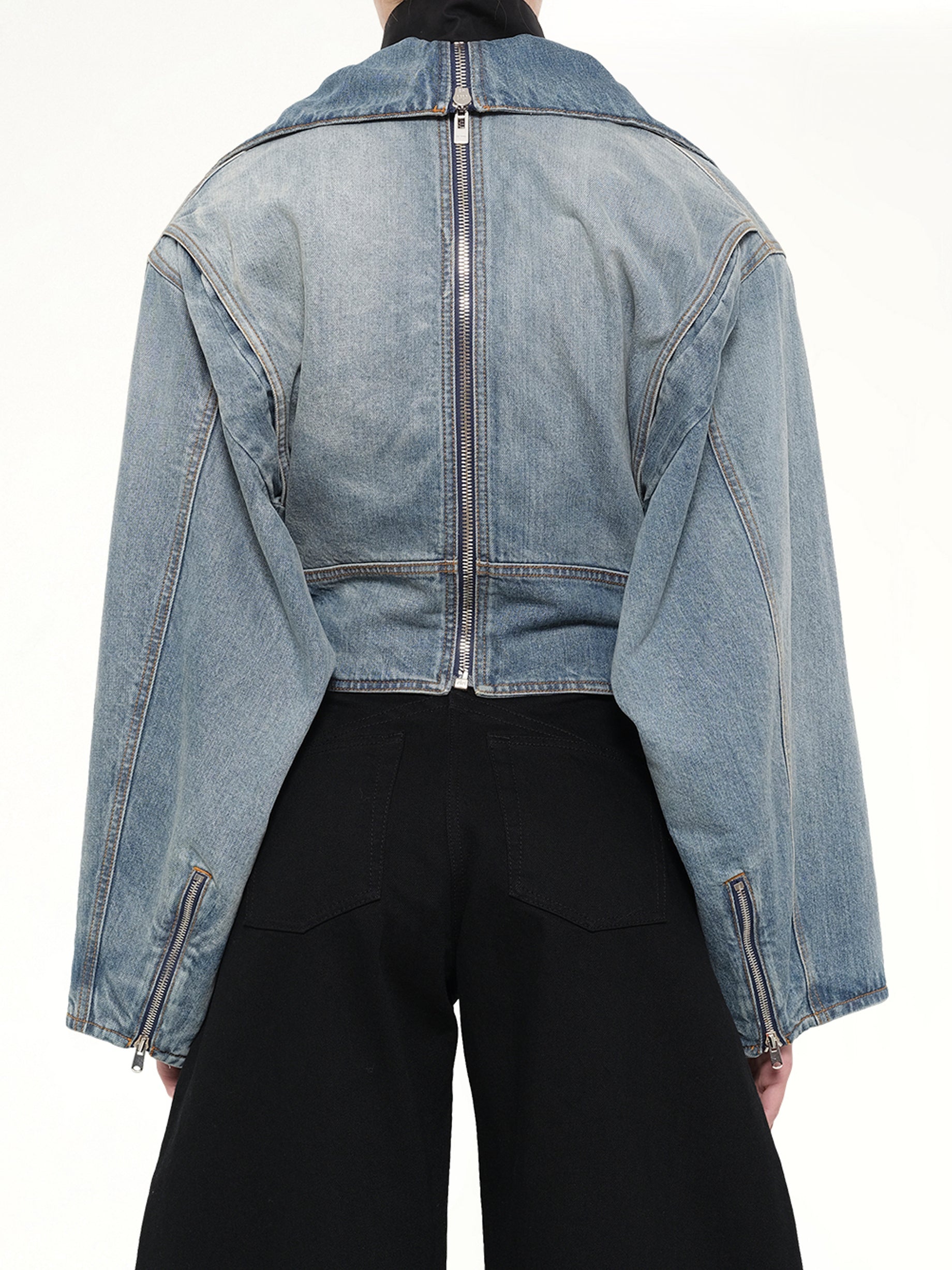 Raw Denim Layered Jacket in Faded Blue