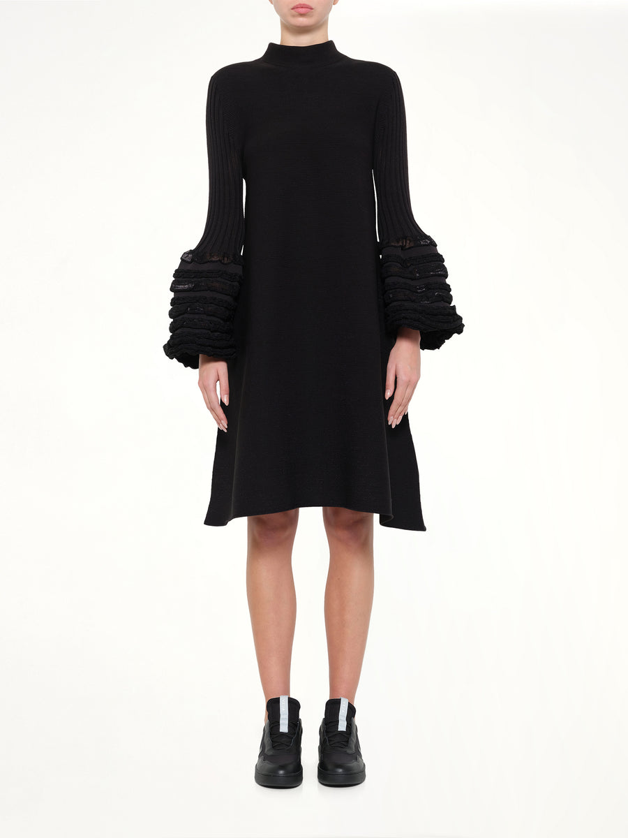 Pottery Swell Glitter Long Bell Sleeve Flare Mini Dress in Black