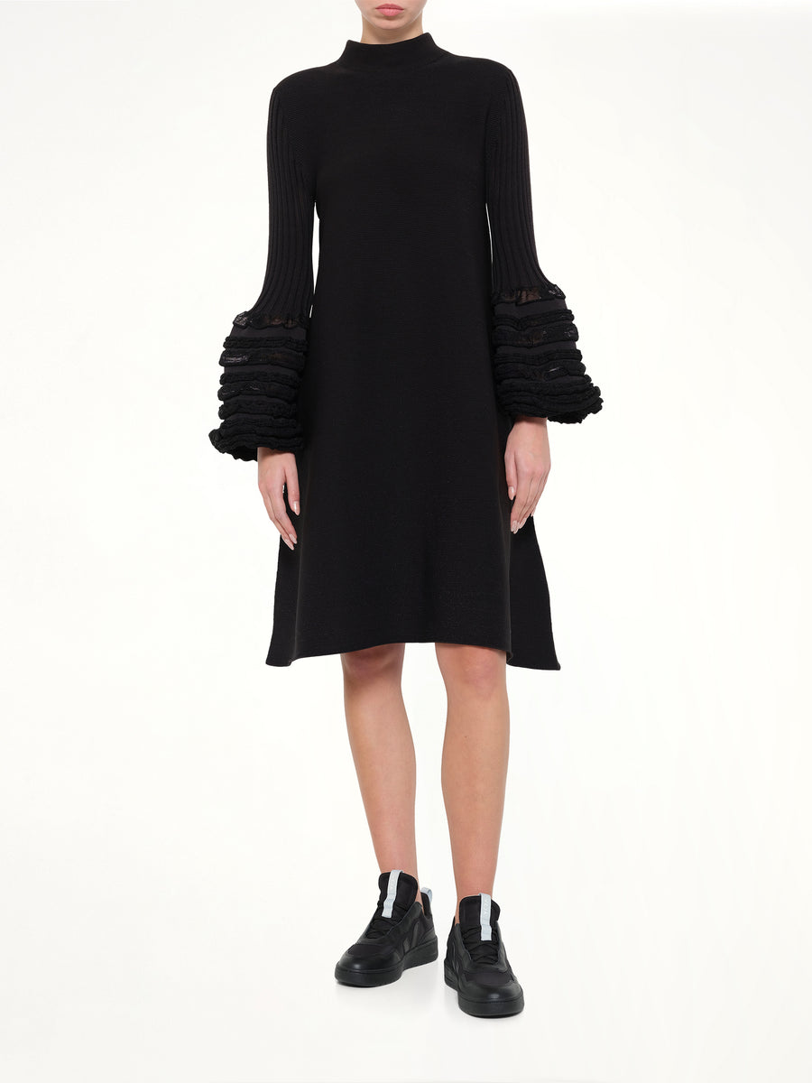 Pottery Swell Glitter Long Bell Sleeve Flare Mini Dress in Black