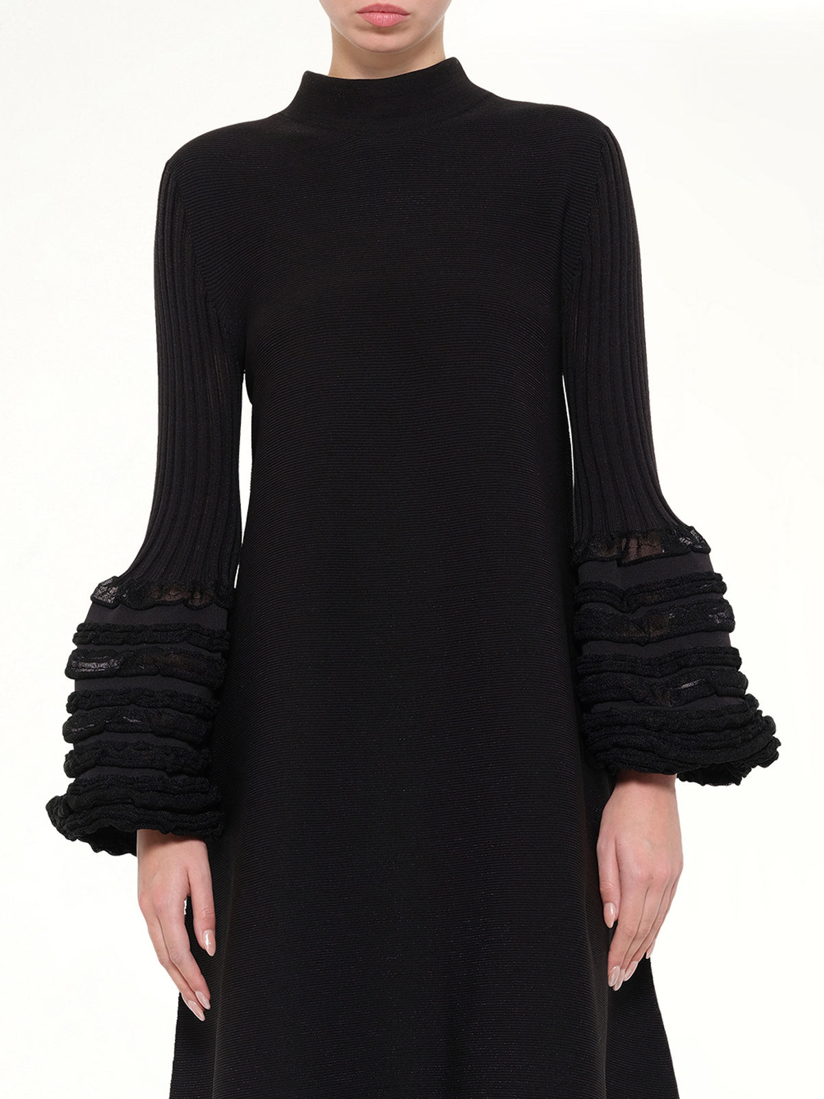Pottery Swell Glitter Long Bell Sleeve Flare Mini Dress in Black