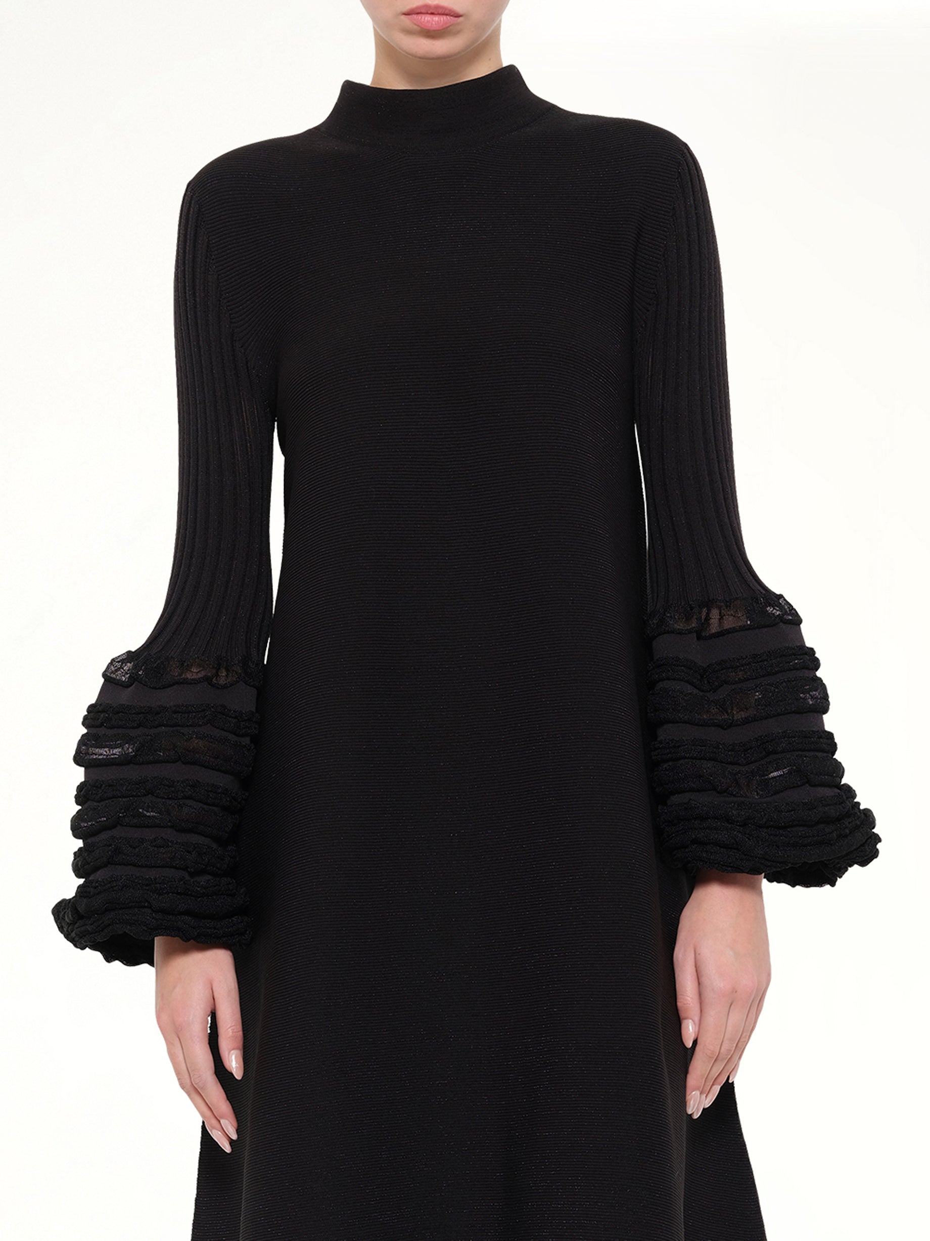 Pottery Swell Glitter Long Bell Sleeve Flare Mini Dress in Black