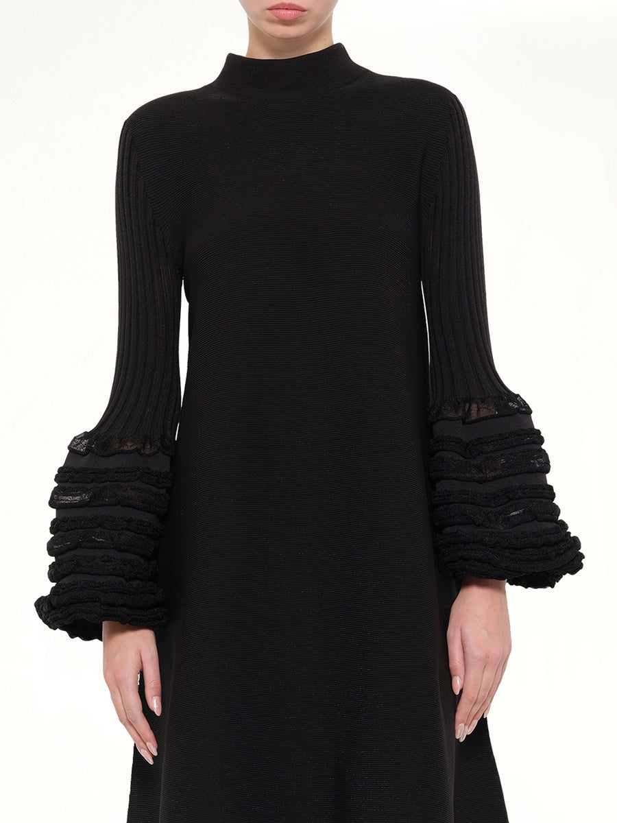 Pottery Swell Glitter Long Bell Sleeve Flare Mini Dress in Black