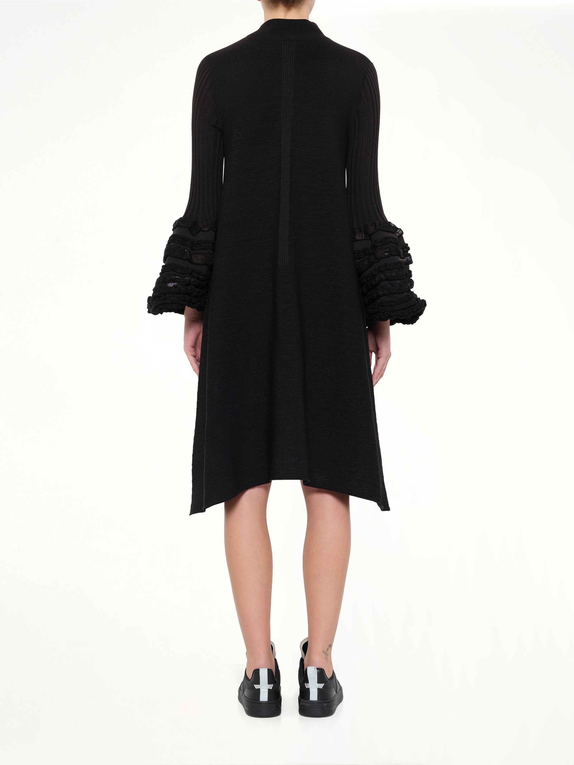 Pottery Swell Glitter Long Bell Sleeve Flare Mini Dress in Black