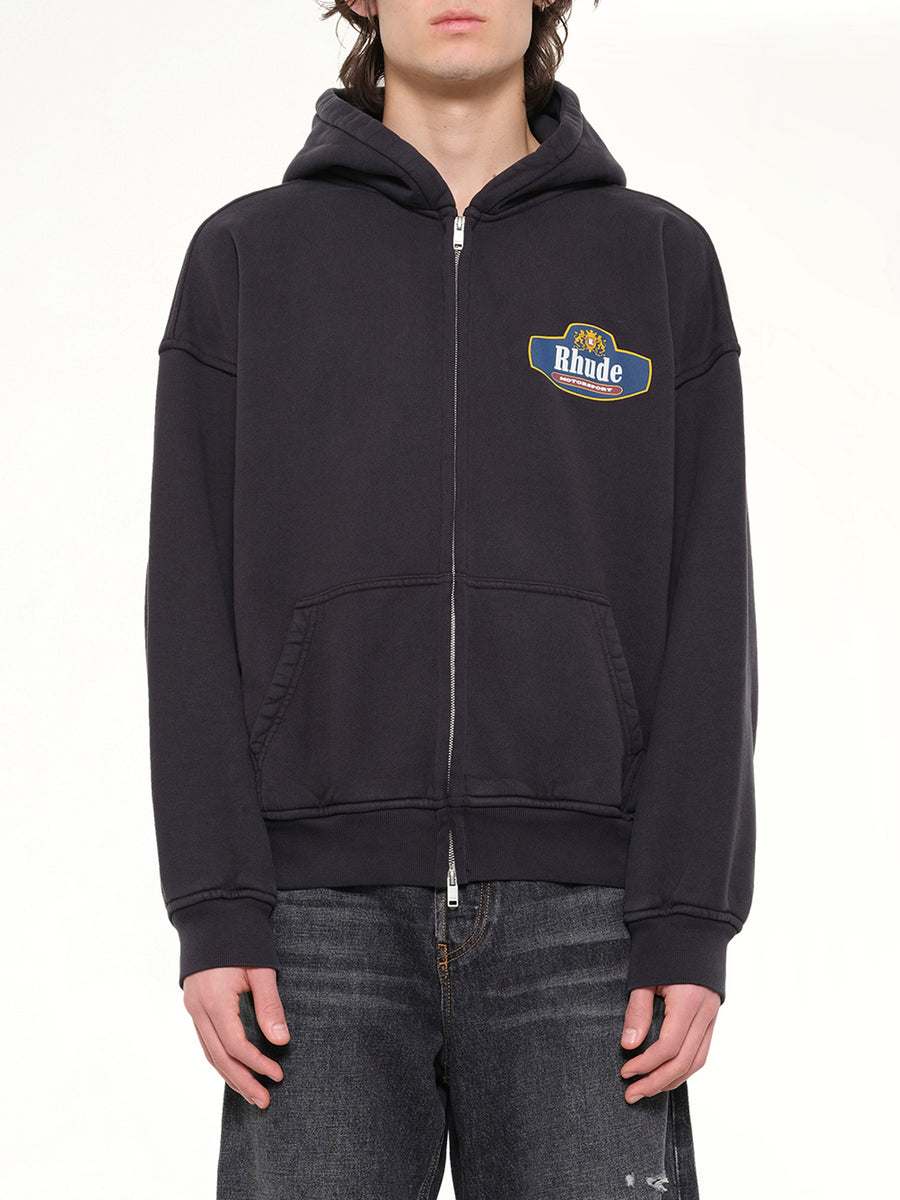Racing Crest Zip-Up Hoodie in Vintage Black