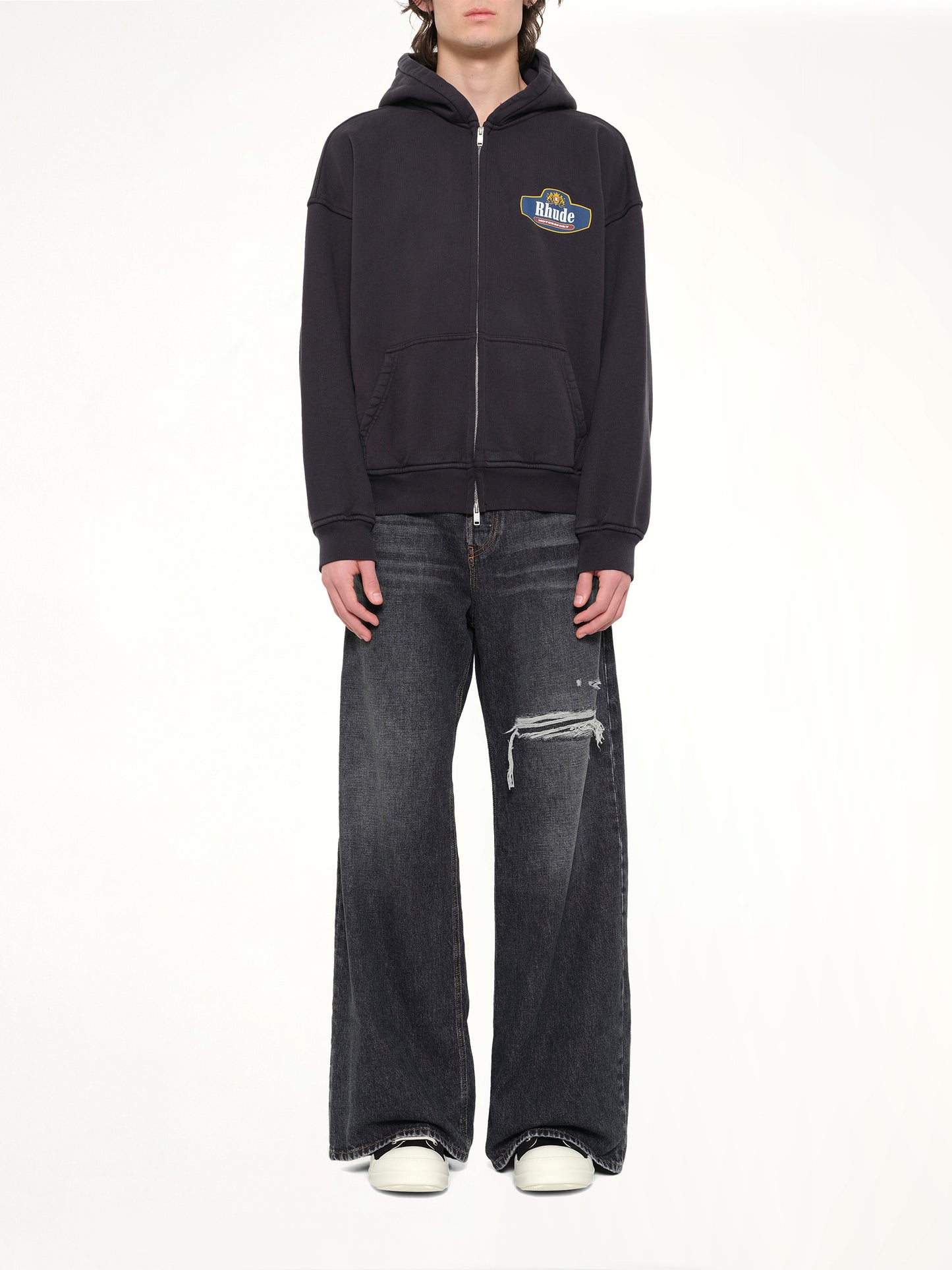 Racing Crest Zip-Up Hoodie in Vintage Black