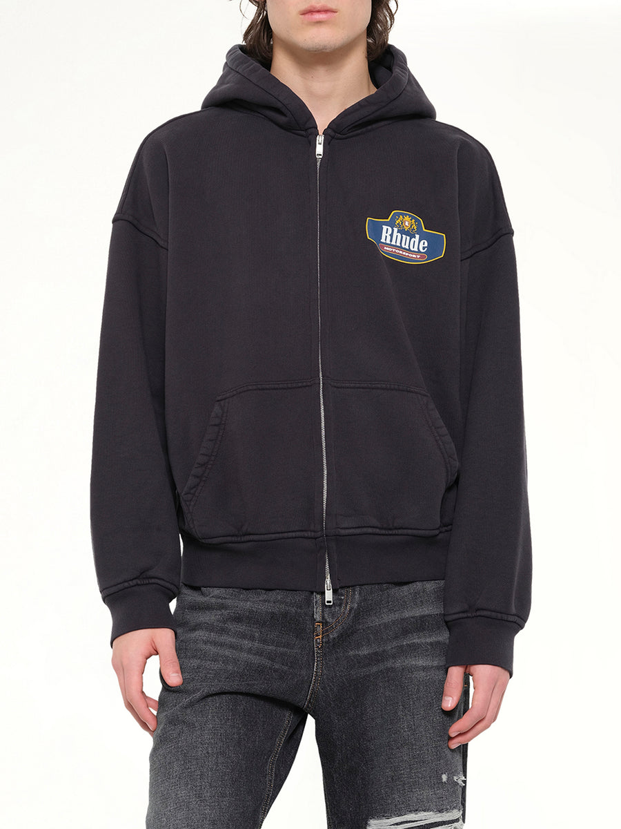 Racing Crest Zip-Up Hoodie in Vintage Black