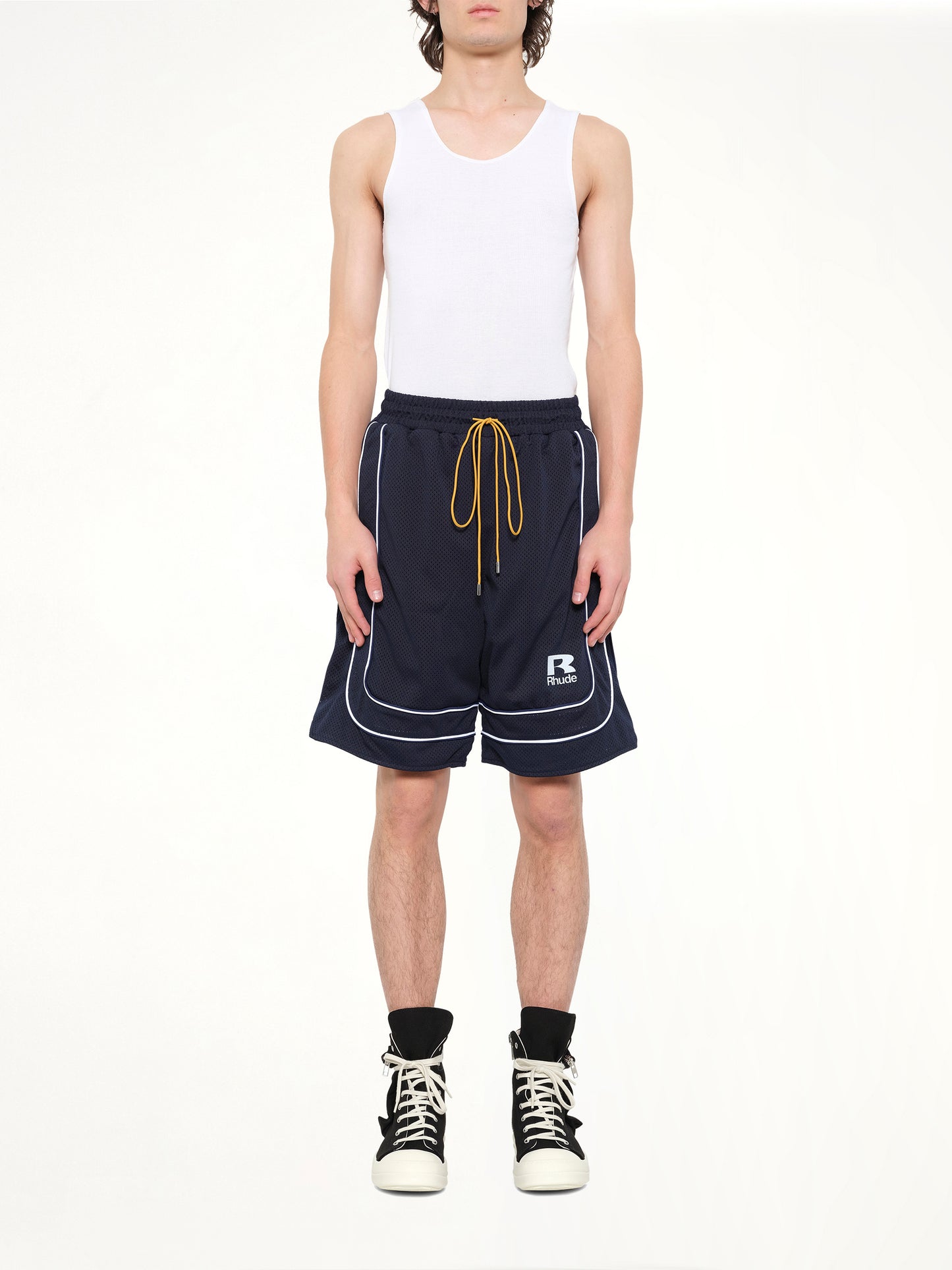 Rhude Mesh Piping Baggy Track Short in Navy/White