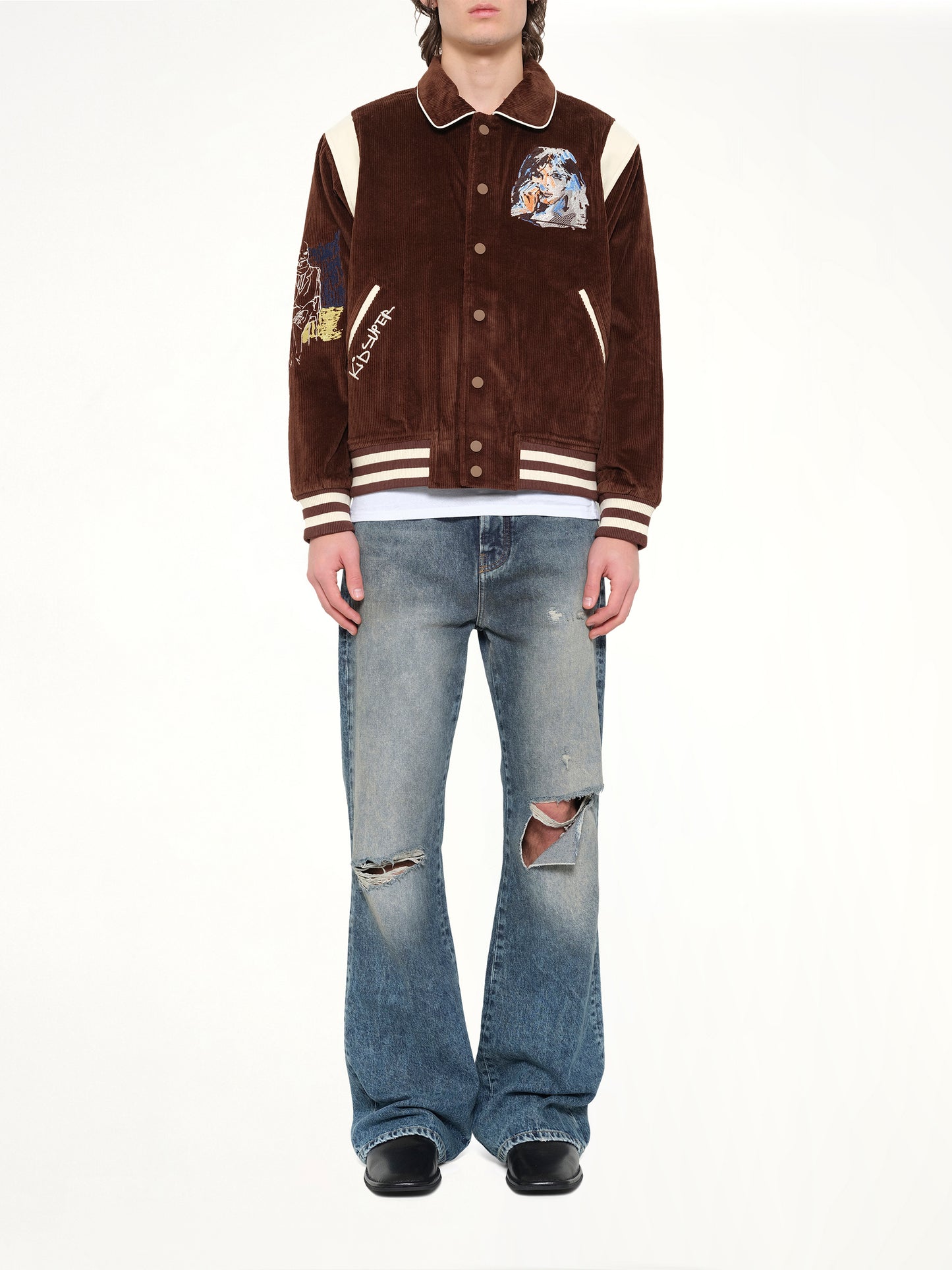 Washed Corduroy Embroidered Faces Jacket in Brown