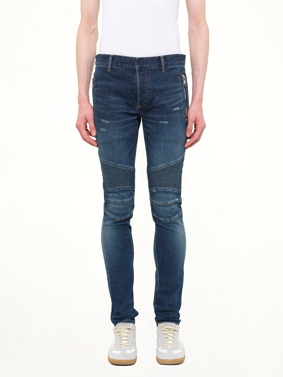 Distressed Camo Jeans in Blue