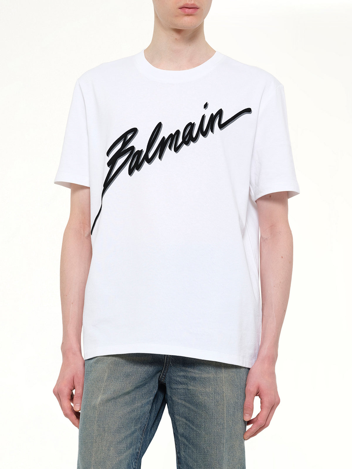 ホワイトのバルマンレターフロックTシャツレギュラーフィット
