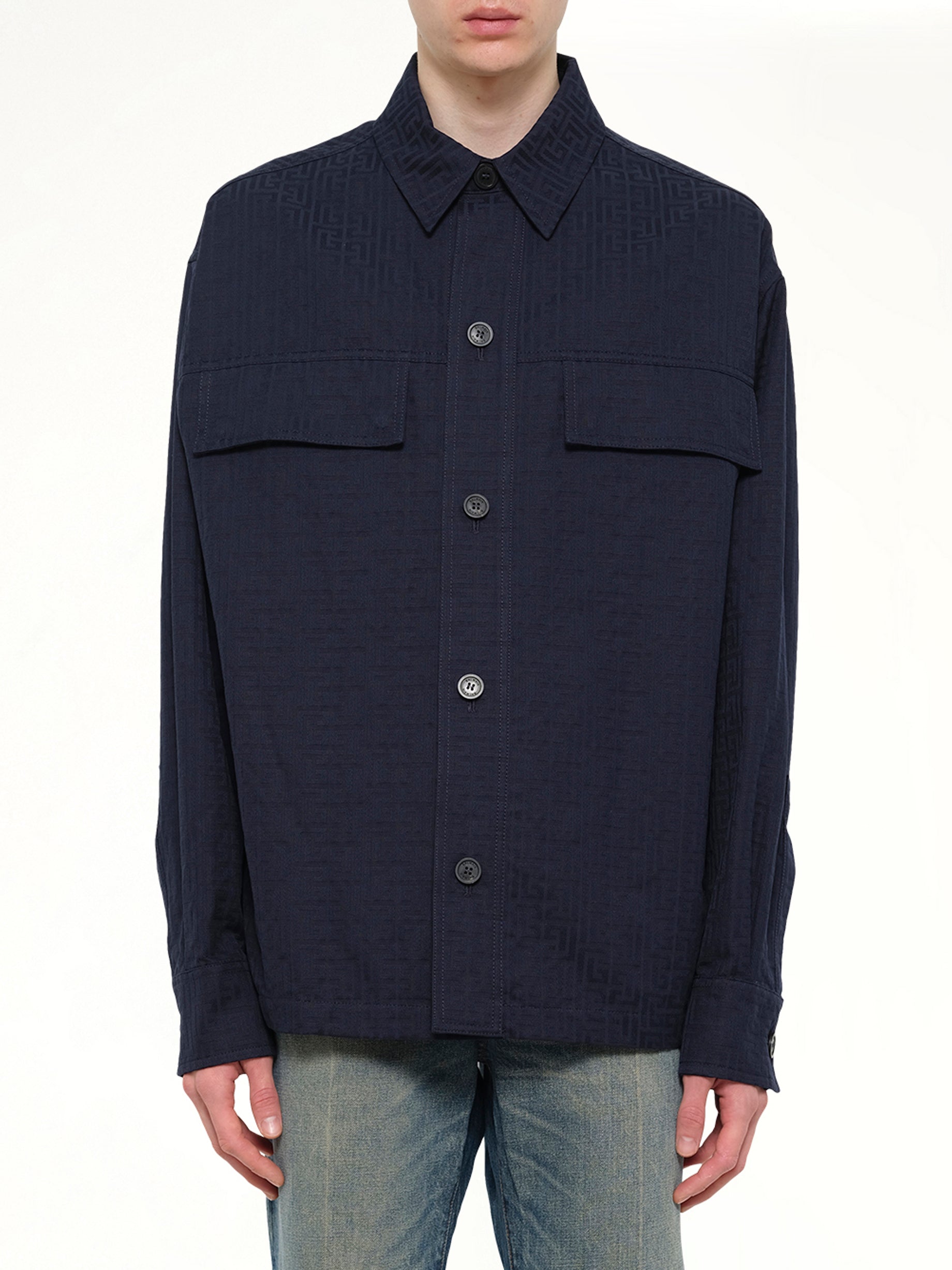 Monogram Cotton Overshirt W/Pockets in Navy