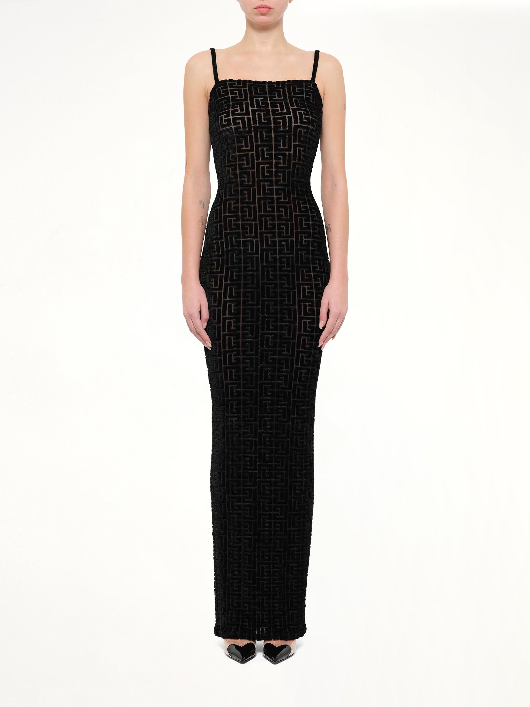 Thin Straps Velvet Monogram Long Dress in Black