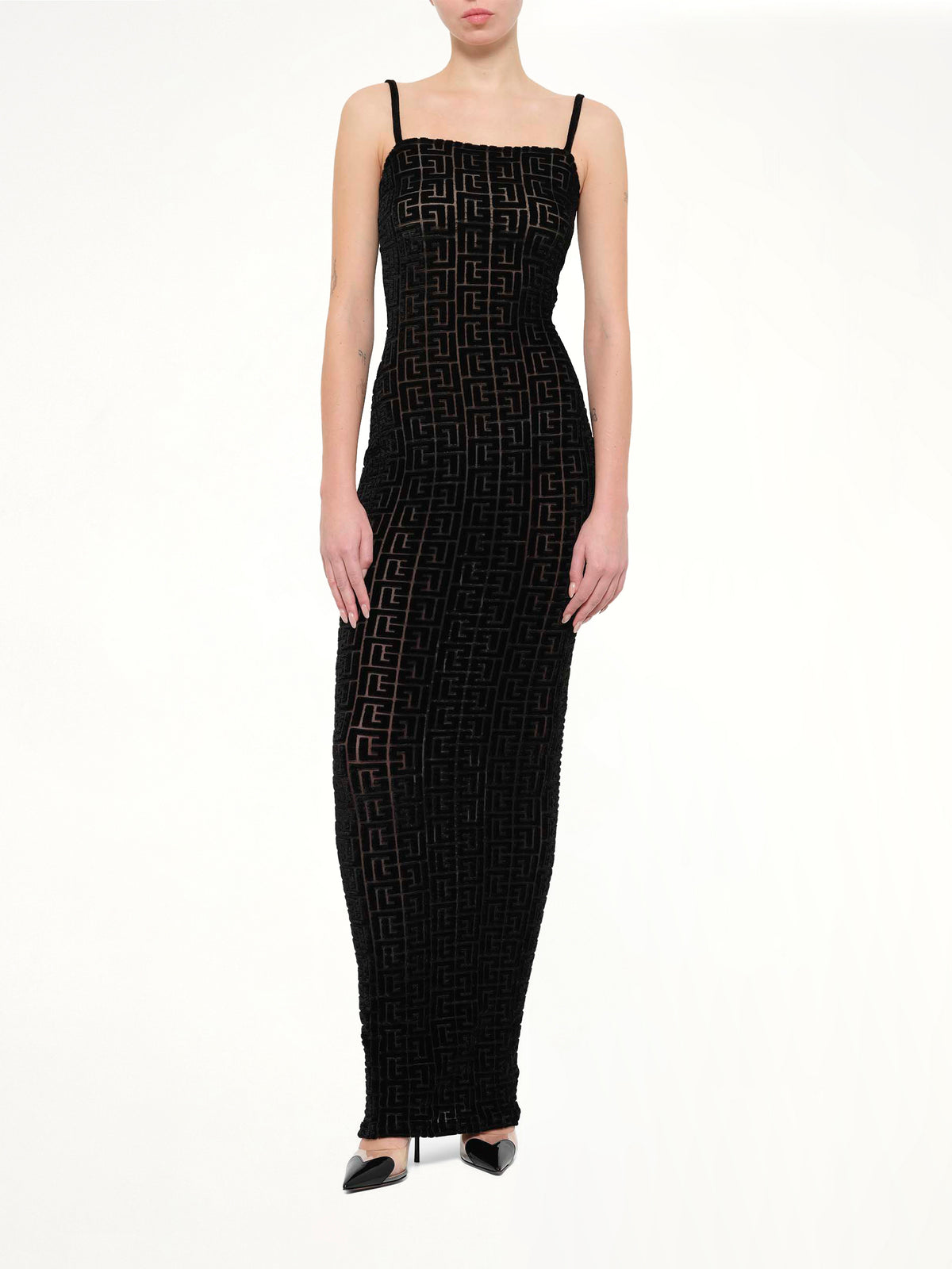 Thin Straps Velvet Monogram Long Dress in Black