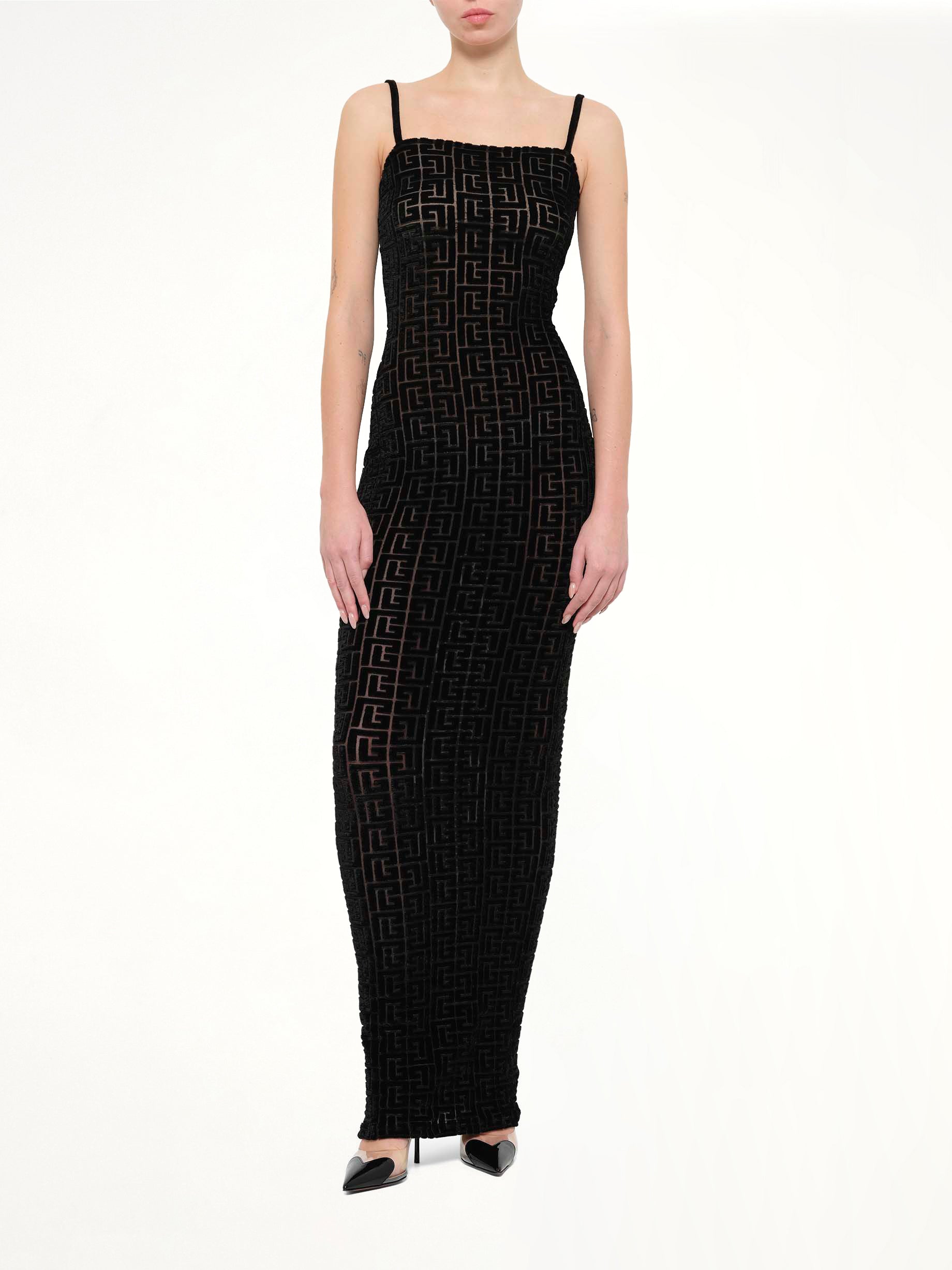 Thin Straps Velvet Monogram Long Dress in Black