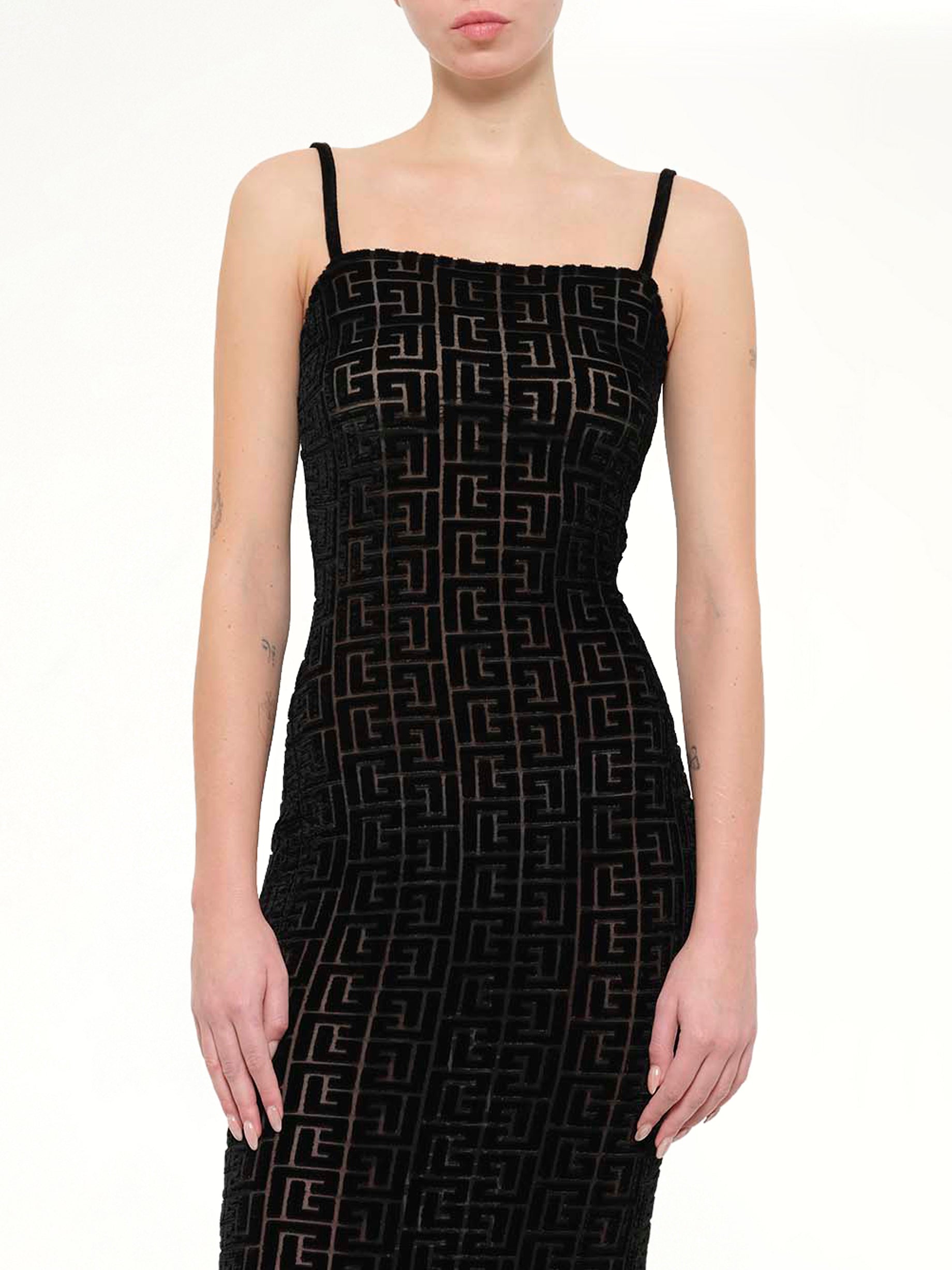 Thin Straps Velvet Monogram Long Dress in Black