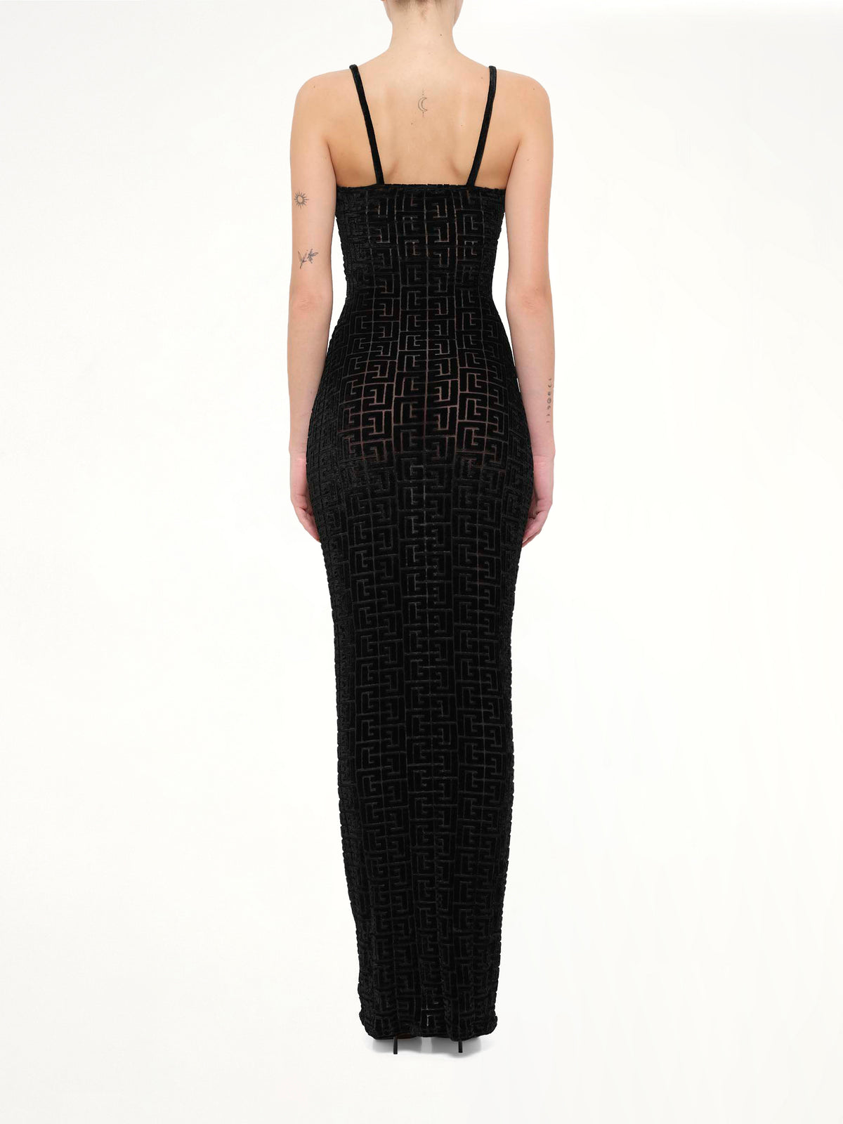 Thin Straps Velvet Monogram Long Dress in Black