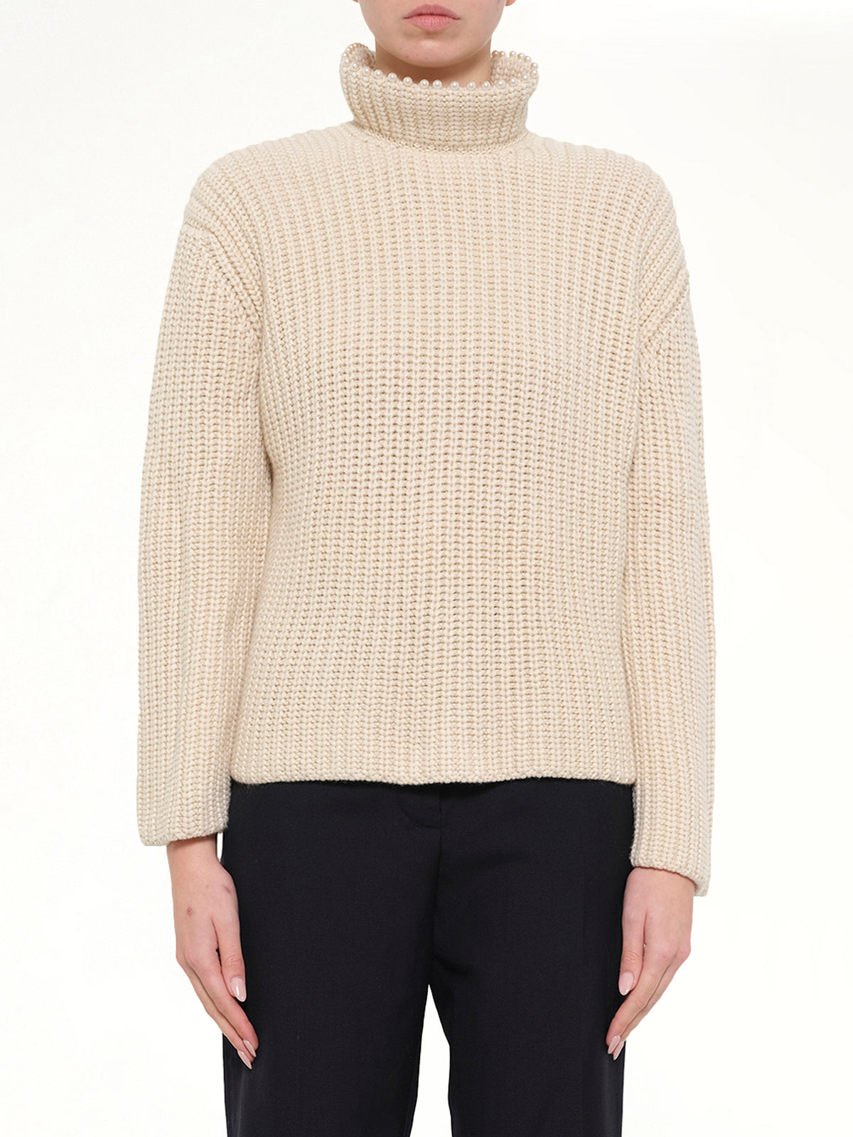 Crop Pearls Sweater in Beige