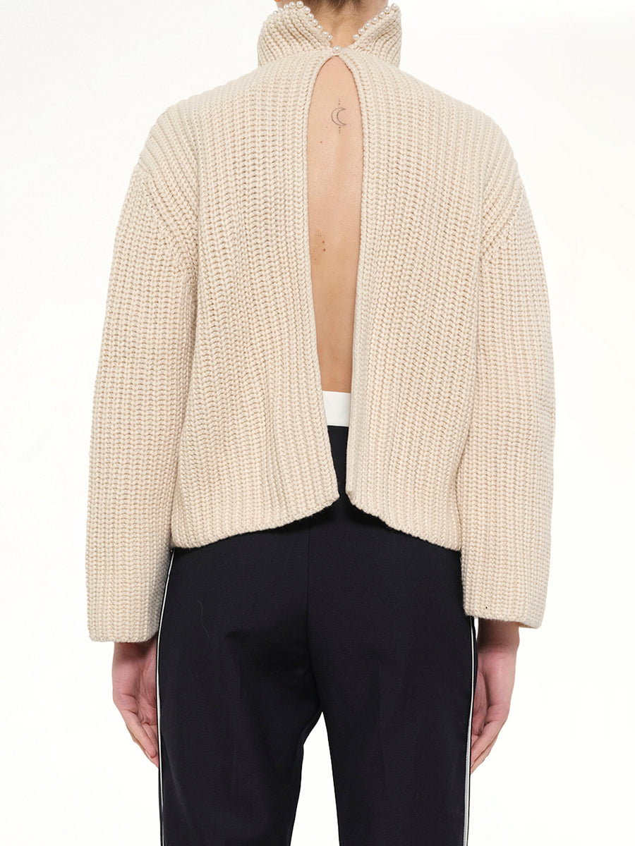 Crop Pearls Sweater in Beige