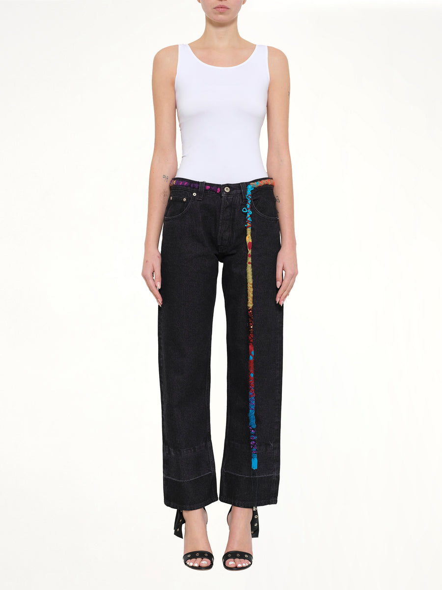 Embroidered Knot 5 Pocket Jeans in Black