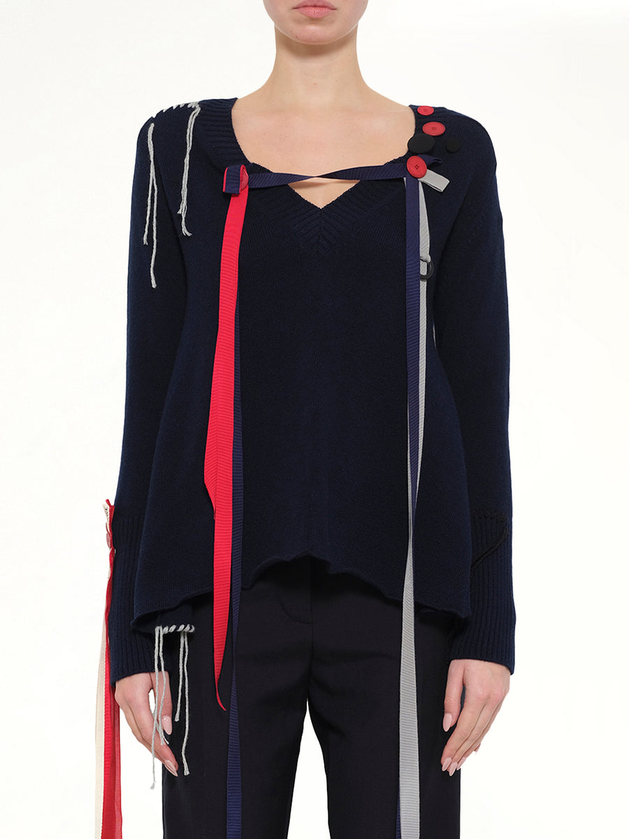 V Neck Ribbons Sweater in Navy