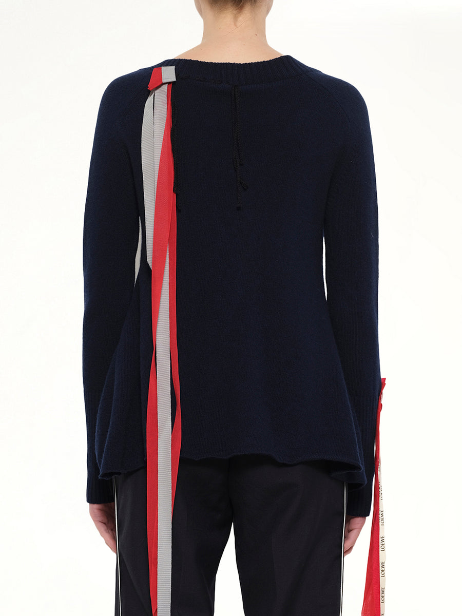 V Neck Ribbons Sweater in Navy