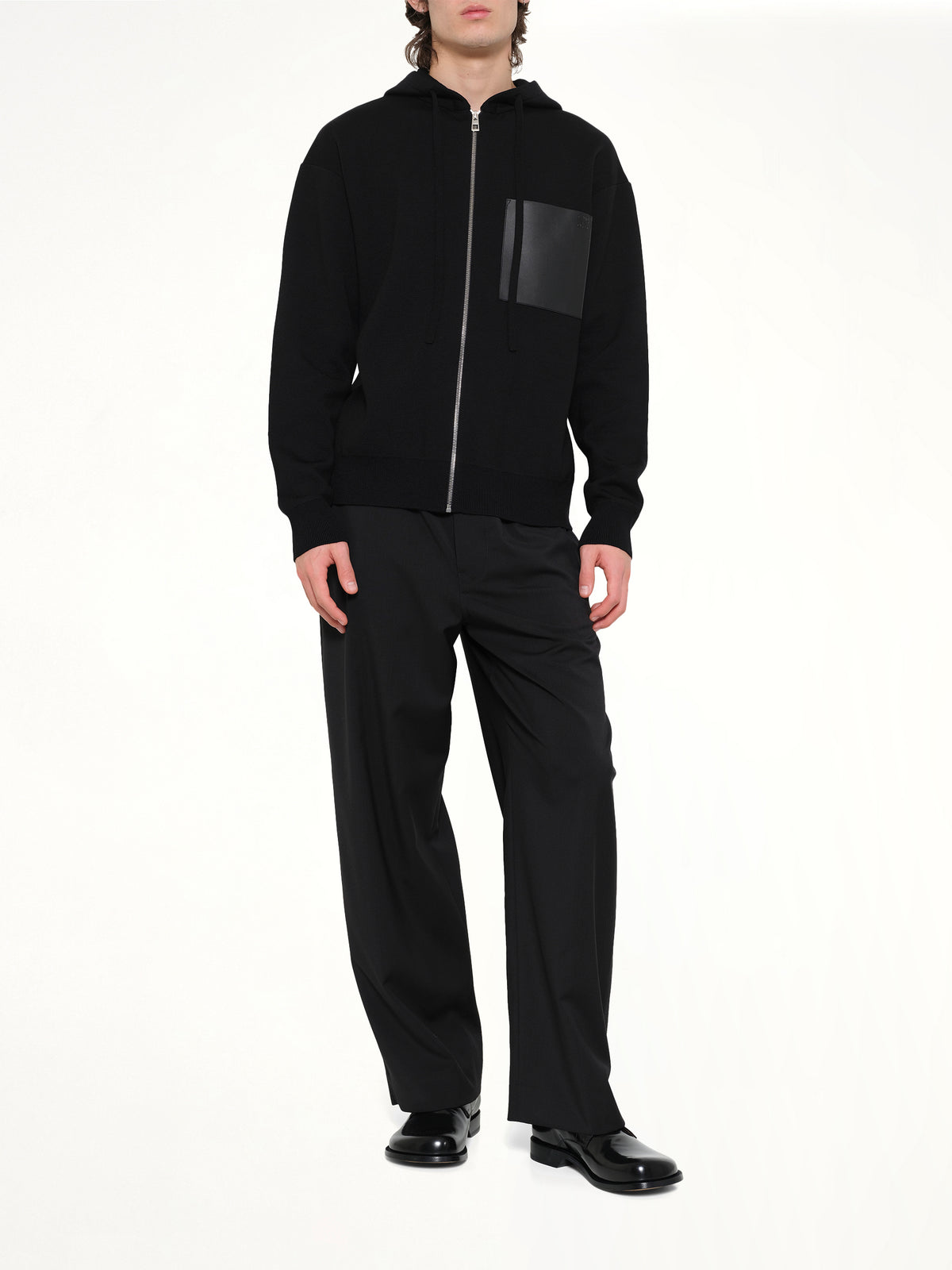 Wool Zip-Up Hoodie in Black