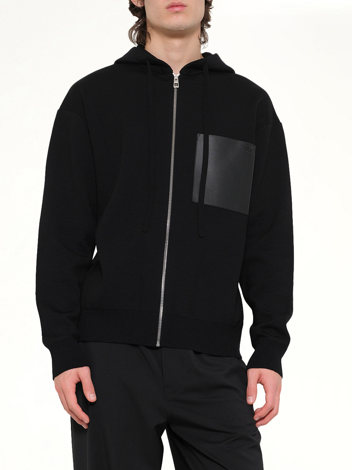 Wool Zip-Up Hoodie in Black