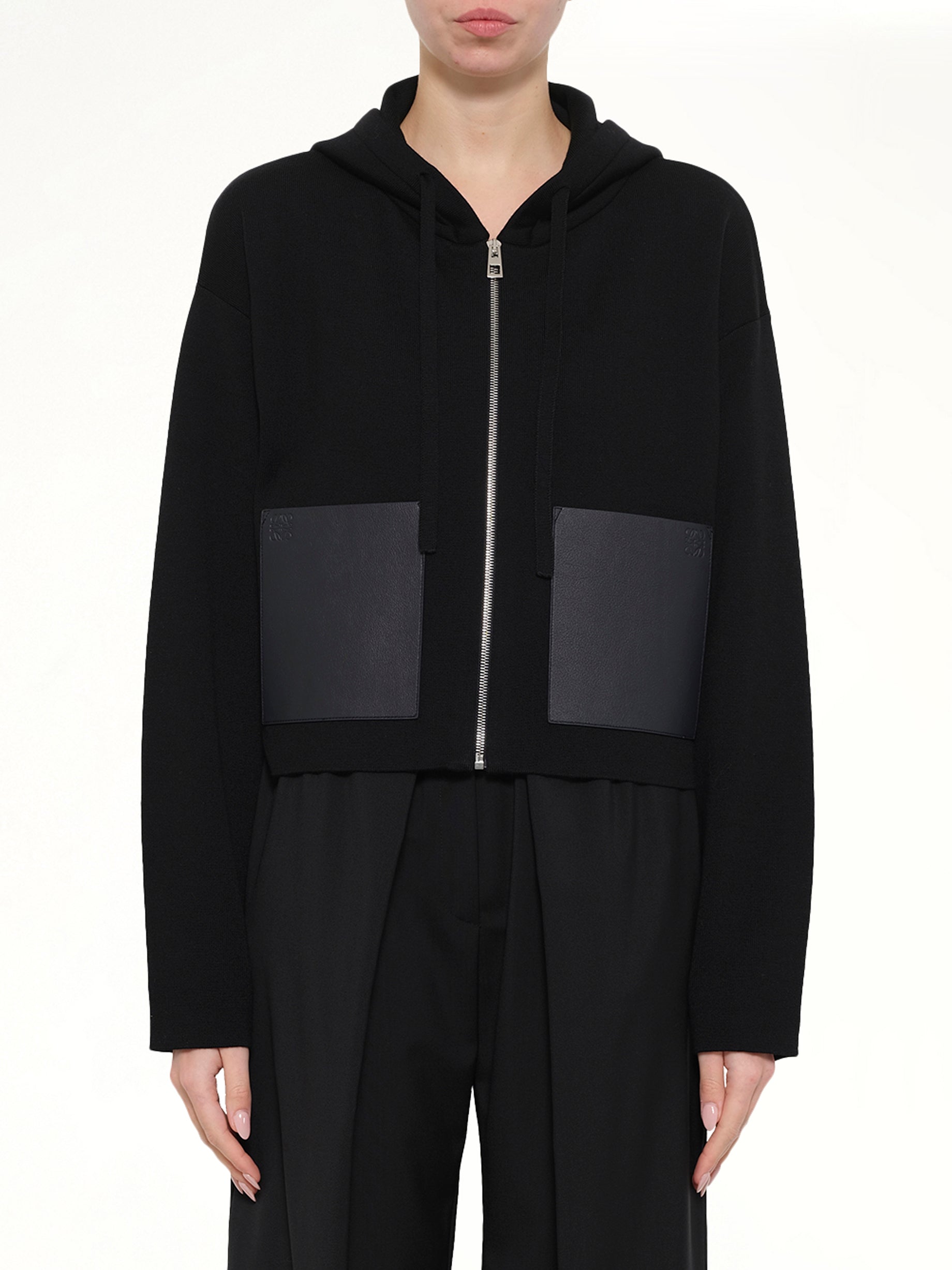 Wool Zip-Up Hoodie in Black
