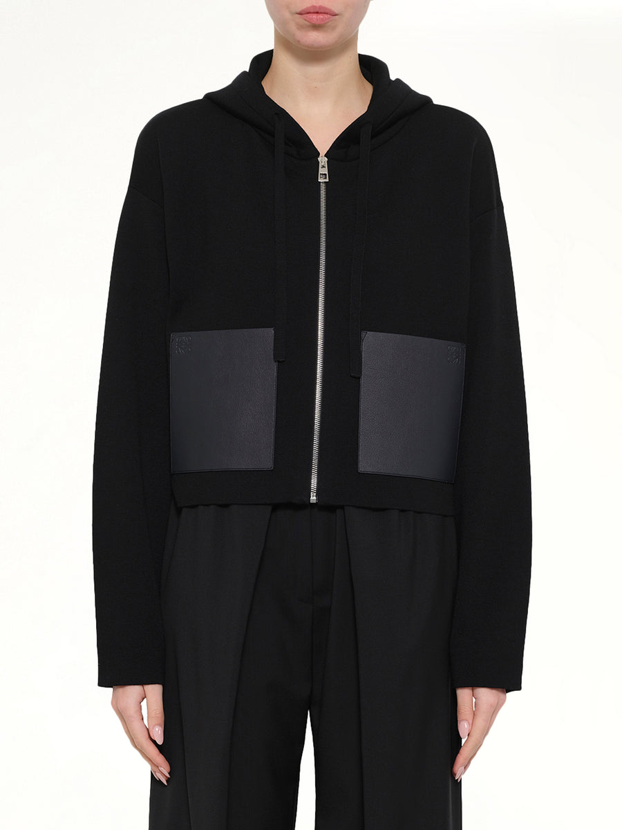 Wool Zip-Up Hoodie in Black