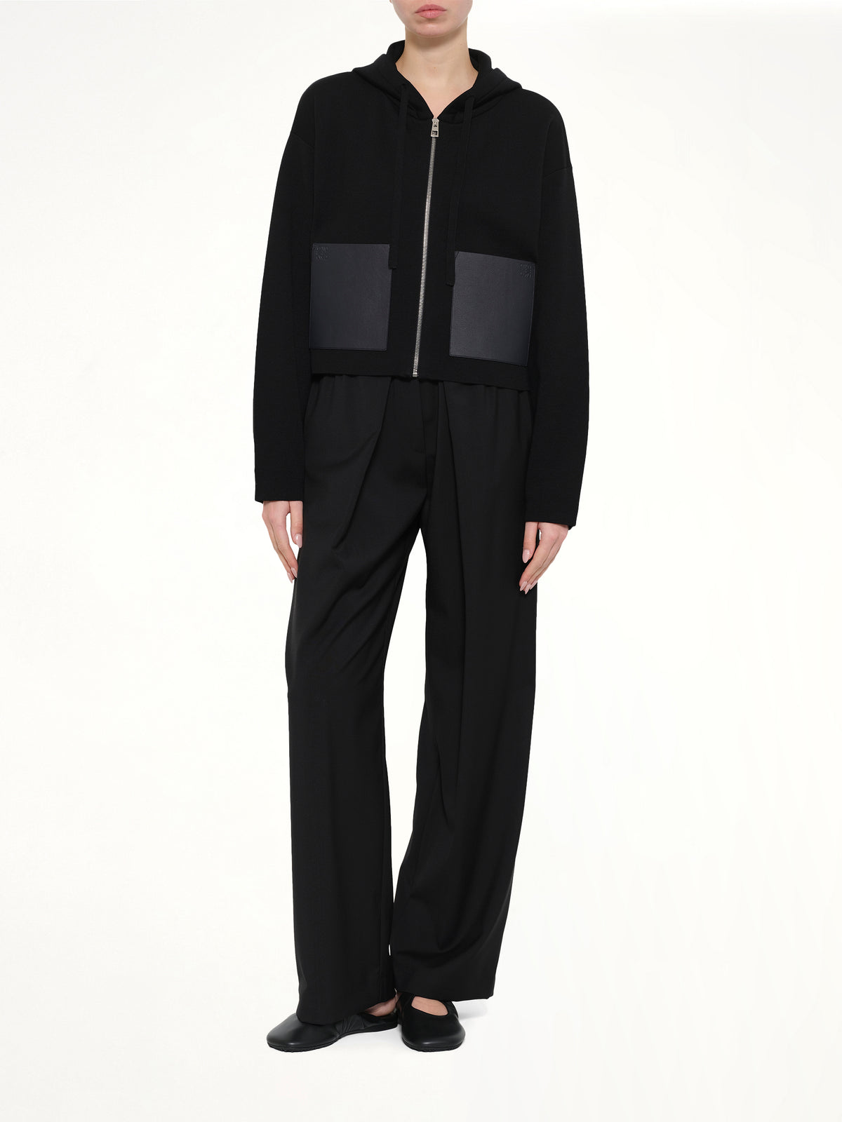 Wool Zip-Up Hoodie in Black