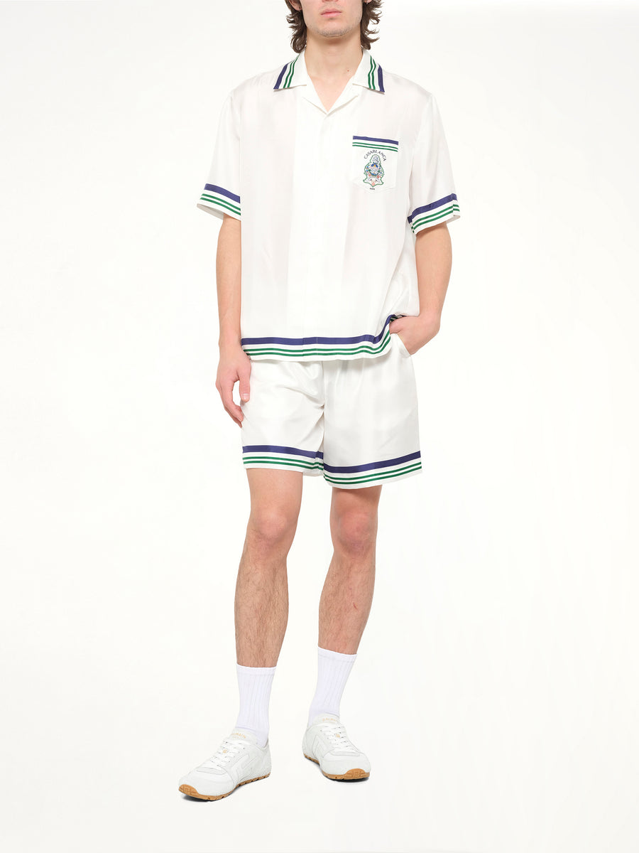 Hotel Emblem Silk Shorts in White
