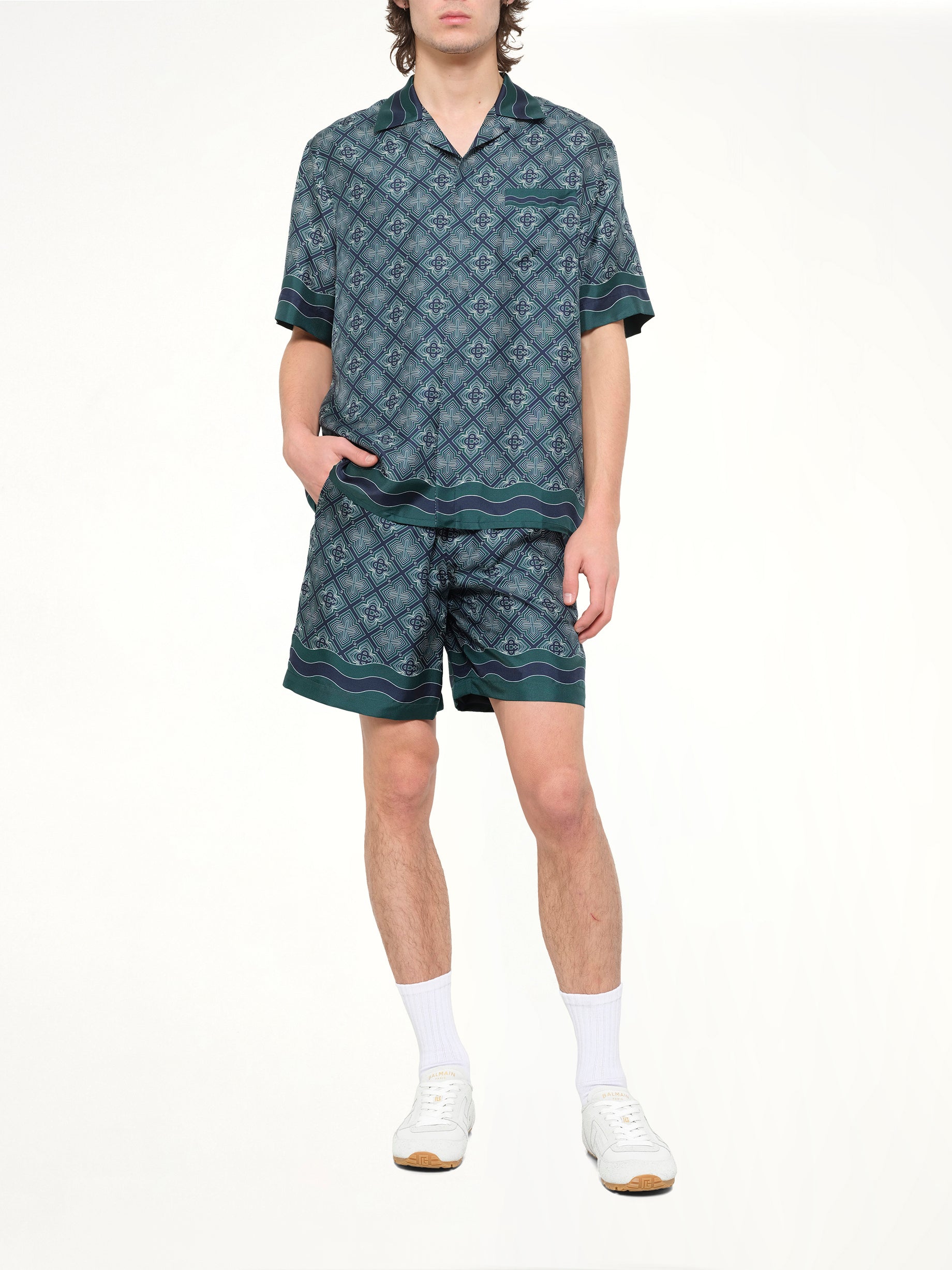 Radiating Monogram Silk Shorts in Green