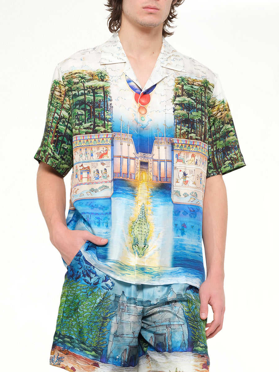 Trompe L'Oeil Cuban Collar SS Shirt in Blue