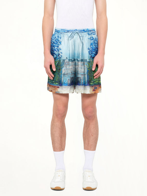 Trompe L'Oeil Silk Shorts in Blue