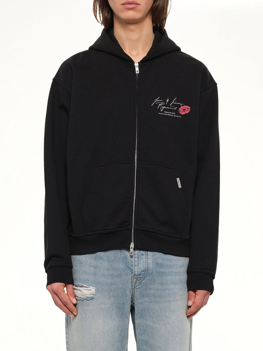 Love And Kisses Zip Through Hoodie in Jet Black