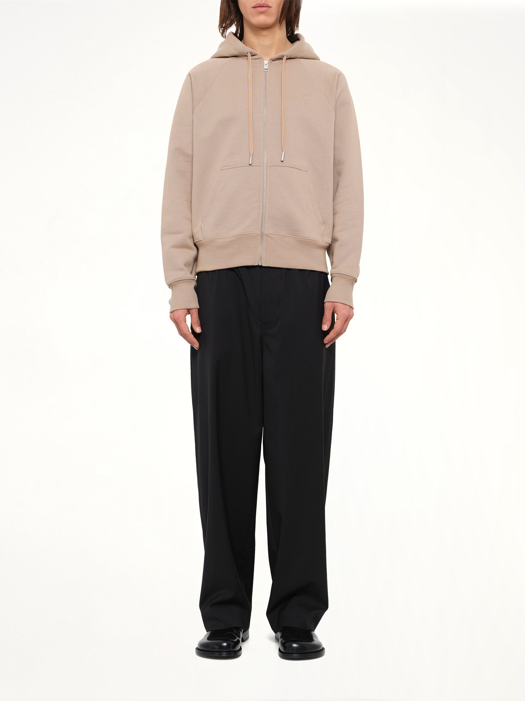 Tonal Embossed Ami De Coeur Zipped Hoodie in Beige