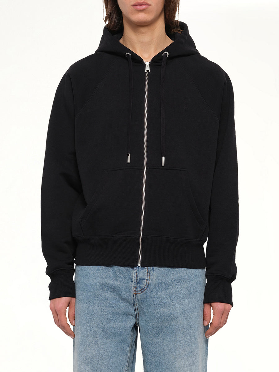 Tonal Embossed Ami De Coeur Zipped Hoodie in Black