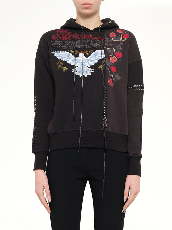 Bird Embroidered Hoodie in Black