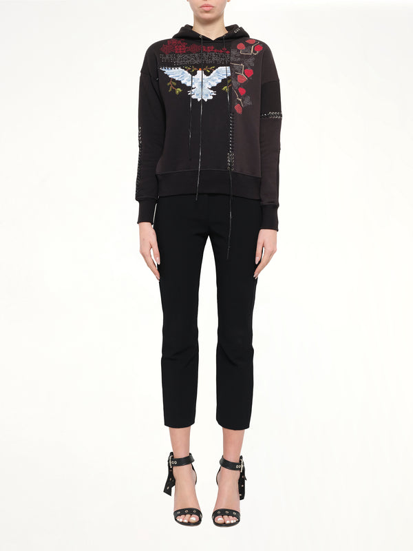Bird Embroidered Hoodie in Black